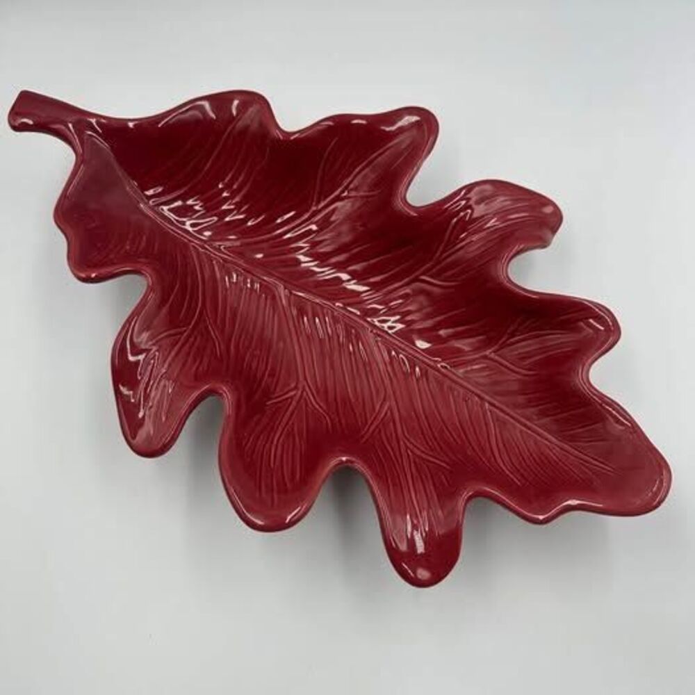 Vintage Harvest Dark Red Leaf Ceramic Serving Dish Bowl Rustic Farmhouse Decor
